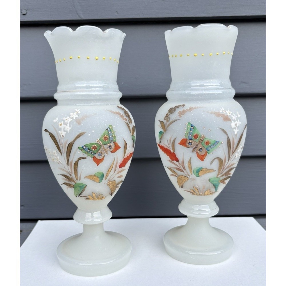 Antique Bristol opaline blown glass matched vases hand painted butterflies EVC
